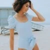 Dawn - Blue Puff Sleeve One-Piece - $38